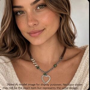 American Eagle Boho Heart Necklace Brown Cord Faux Pearl Green Beads